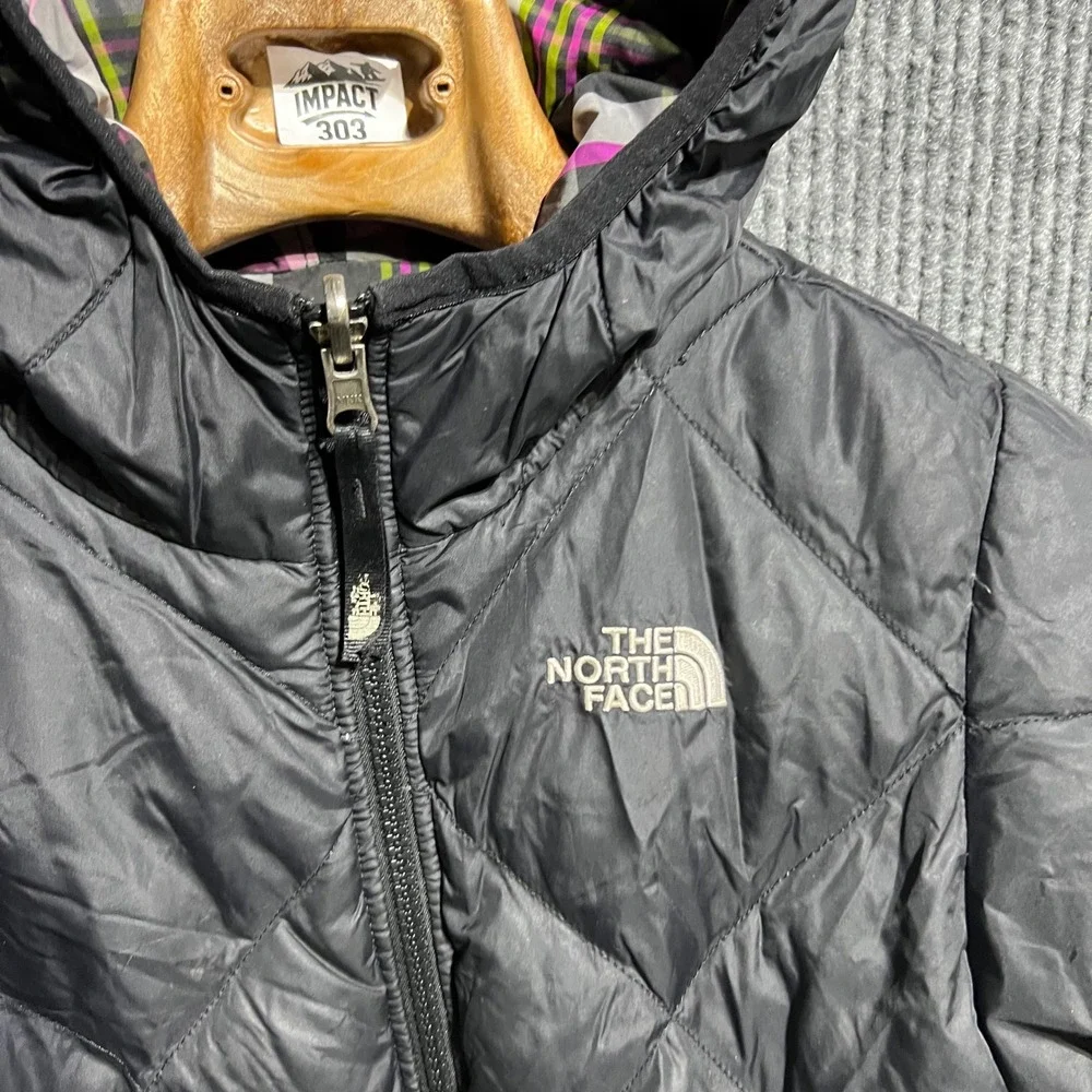 The North Face Reversible Puffer Jacket Girls S 7/8 Black Plaid 550 Down Hooded